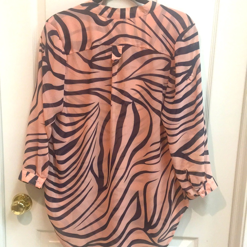 Semi-Sheer Chiffon Top, Peach & Black Zebra Print Roll Sleeves - Picture 3 of 9